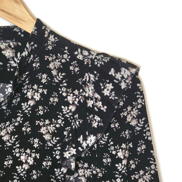 AllSaints Silk Floral Ruffle Long Sleeve Button Down Blouse Black Sz2 Chic Femme - Picture 6 of 16